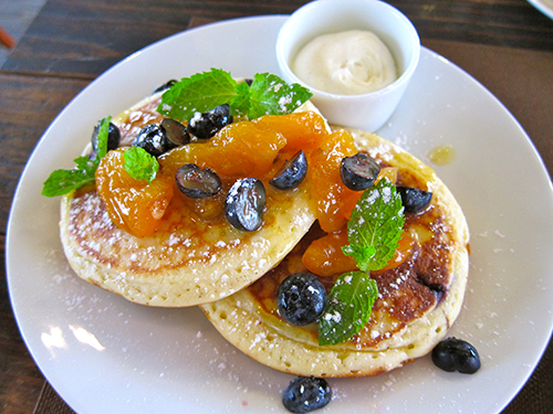 Blueberry Pancakes with Poached Apricots